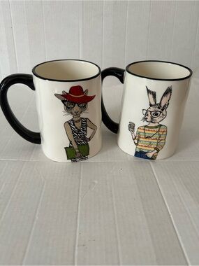 Signature Housewares Hipster Animal Mugs Set of 2 Tiger Rabbit 16 oz Stoneware